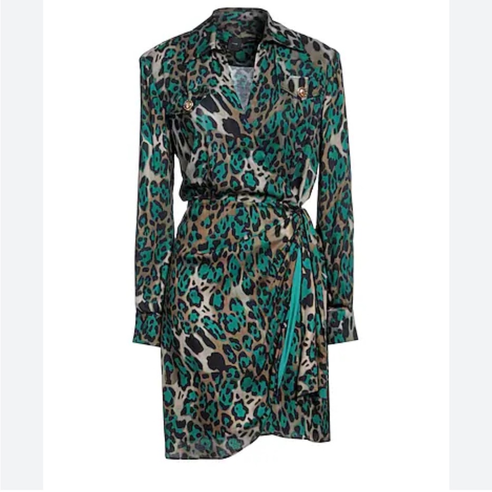 Pinko Green Leopard Print Shirt Dress Tie Waist Designer Mini Dress IT38